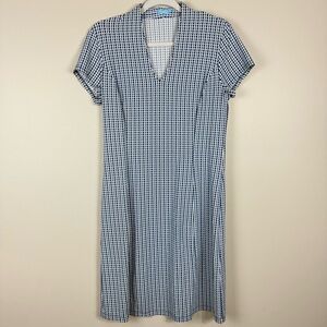 J. McLaughlin Dress Womens Medium Blue White Geometric Abstract Short Sleeve